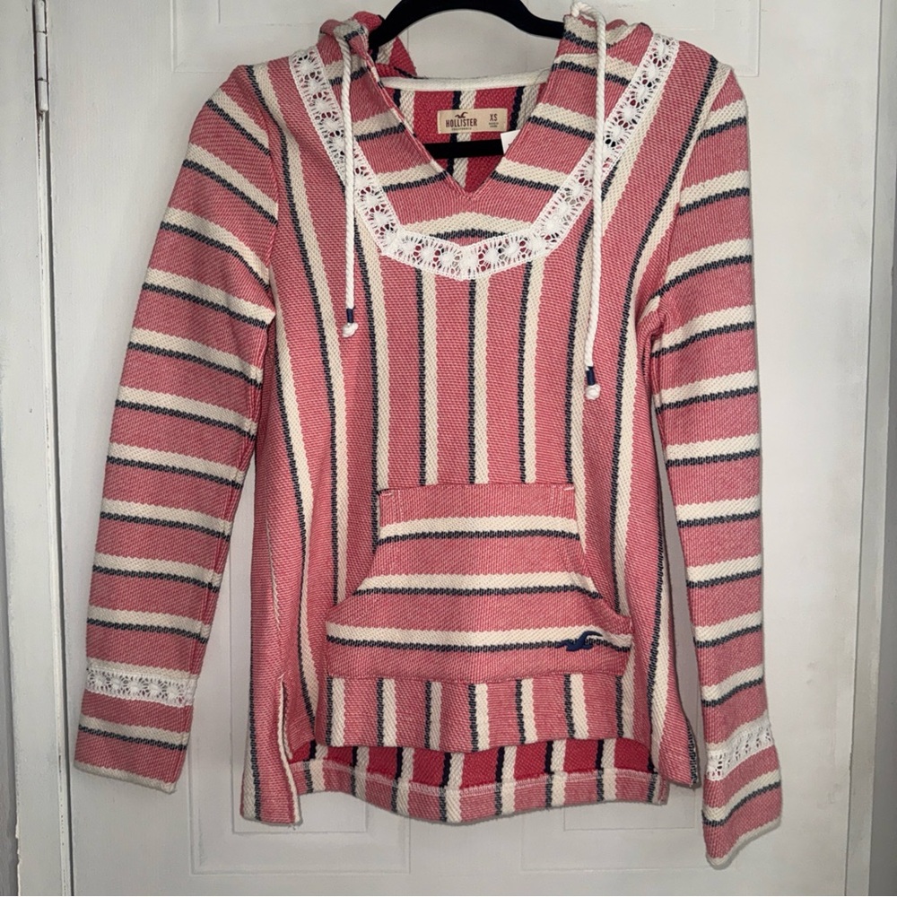 Hollister Pink and White Striped Hoodie